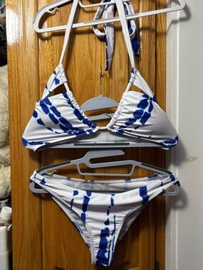 White & Blue Tie-Dye Halter Bikini Set - Women Swim